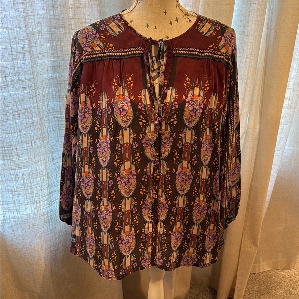 Johnny Was Red and Brown Tie Front Blouse with Bib Collar